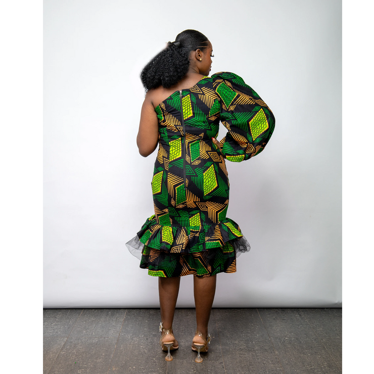 African Prints Ankara Puff Sleeve Dress | Chichi Mixed Green One Shoulder Dress