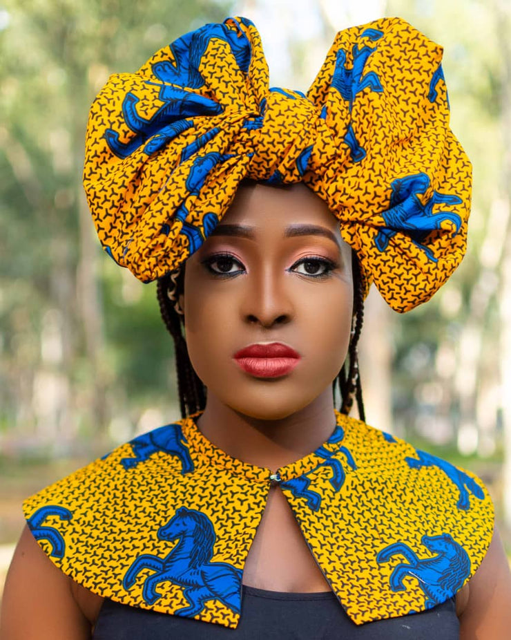 ANKARA AFRICAN PRINTS CAPE | IRUOMA YELLOW/BLUE HEADWRAP & CAPE SETS