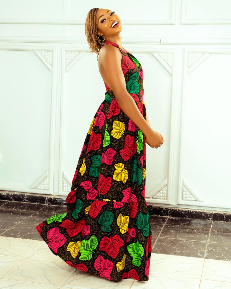 African Prints Ankara Dungaree Maxi  Dress | Chetachi Dungaree Ruffled Maxi Dress
