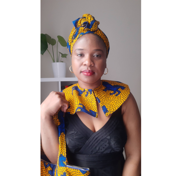 AFRICAN PRINTS COLLAR | YELLOW AND BLUE HEADWRAP,TOTE BAG AND COLLAR SET