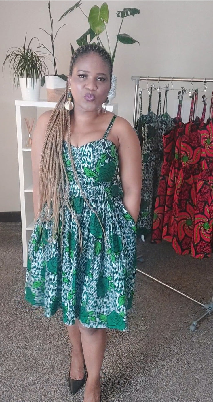 African Prints Ankara Gathered Dress | Chichi Flirty Green Gathered Dress